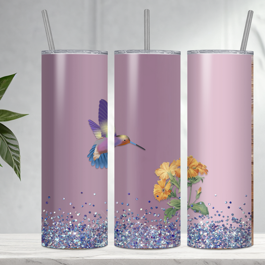Beautiful Floral Hummingbird 20-ounce stainless steel tumbler with straw