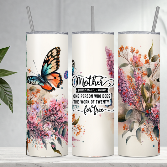 Mother Floral and Butterfly 20-Ounce Stainless Steel Tumbler with Straw