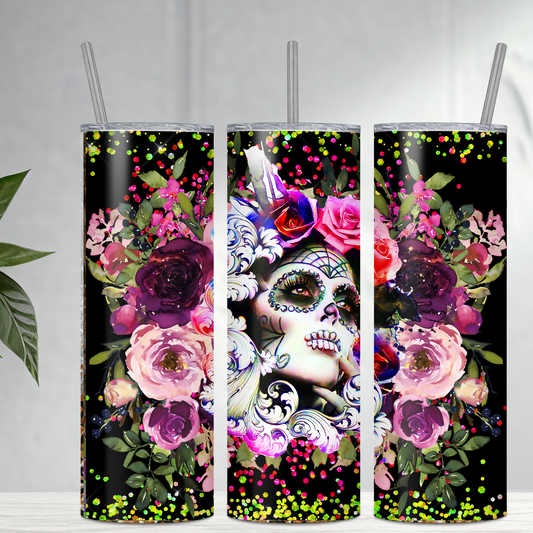 Sugar Skull  Print 20 ounce stainless steel tumbler with lid and straws