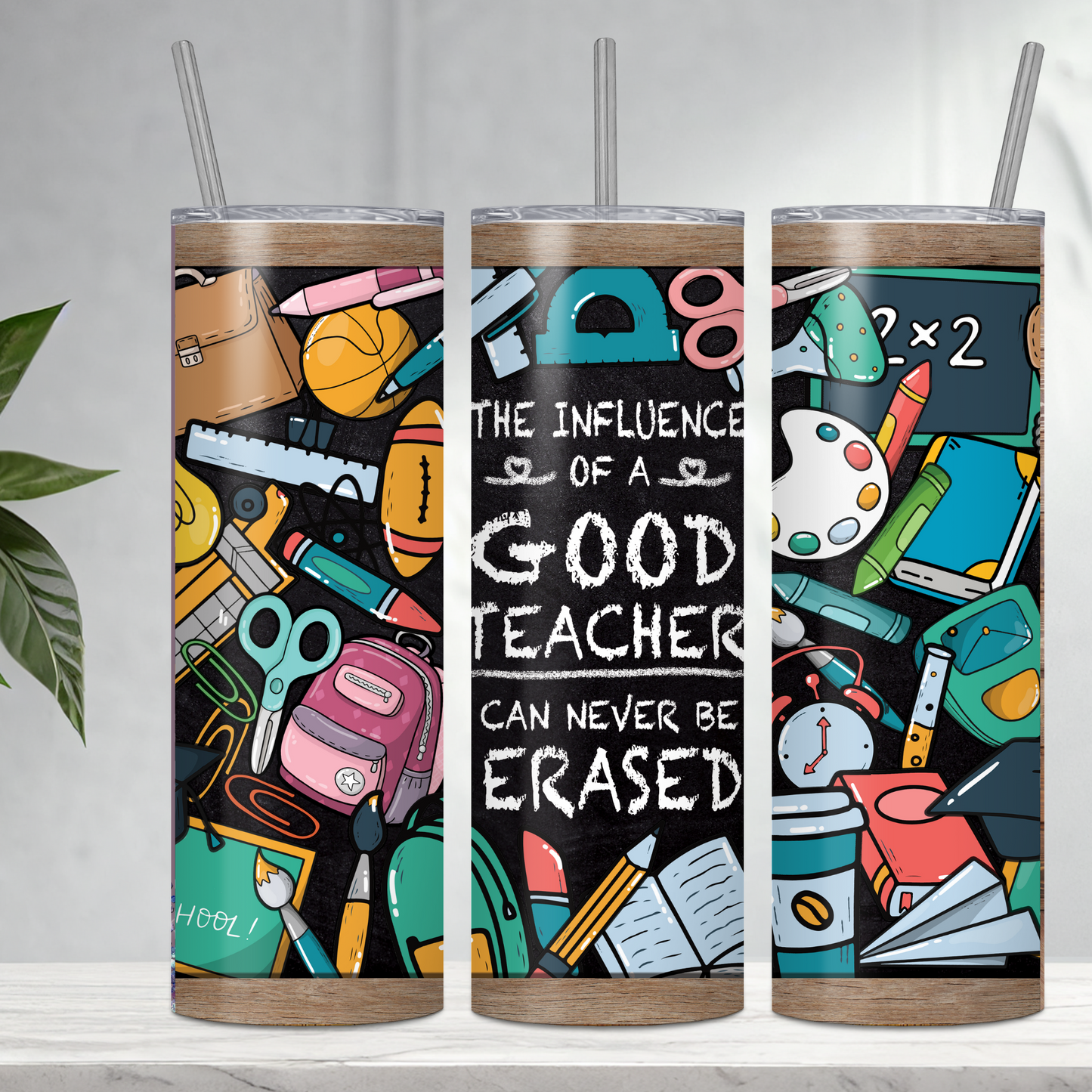 Teacher Appreciation "blackboard design" 20 ounce stainless steel tumbler with straw