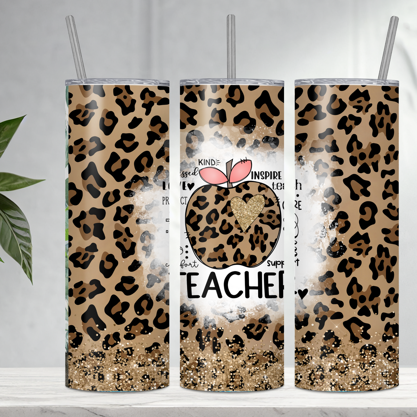 Teacher Appreciation Leopard Print 20 ounce stainless steel tumbler with straw
