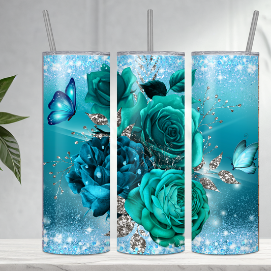 Beautiful Teal Flowers and Butterfly 20-ounce stainless steel tumbler with straw